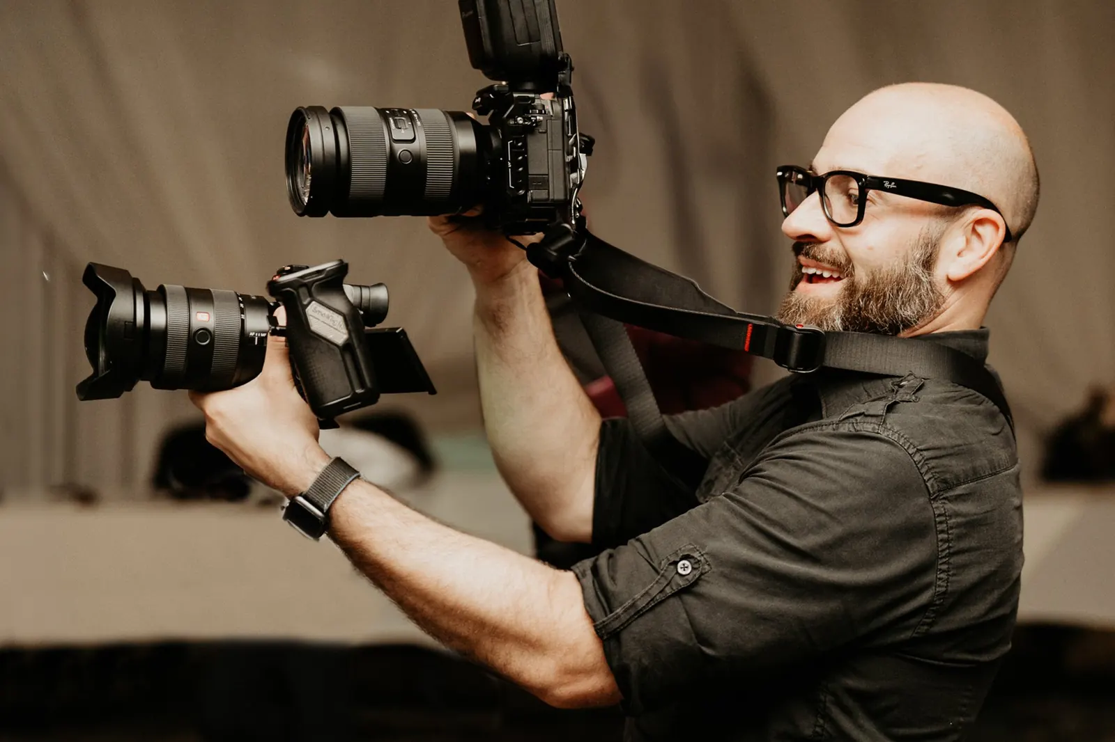 Dan filming with a cinema camera rig